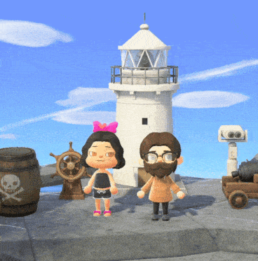 two cartoon characters stand in front of a lighthouse