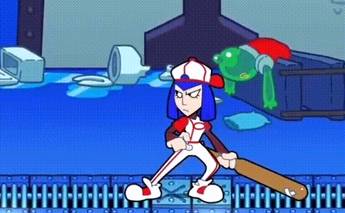 a cartoon character is holding a bat in a room with a frog in the background .