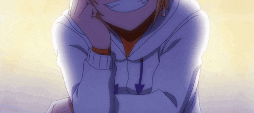 a person wearing a white hoodie with a blue arrow pointing down