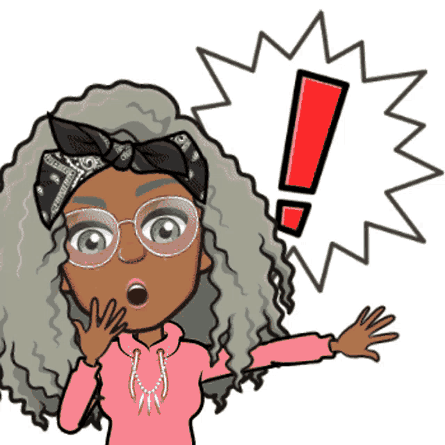 a cartoon of a girl with a surprised look on her face and a red exclamation point above her head