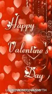 a happy valentine 's day greeting card with hearts and a candle on a red background .