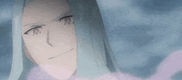 a close up of a person 's face with long white hair and red eyes