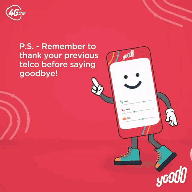a cartoon of a cell phone with a smiley face and the words p.s. remember to thank your previous telco