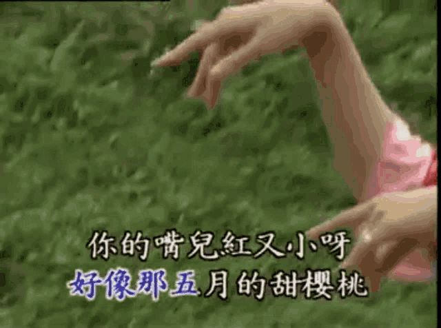a woman in a pink shirt is holding a strawberry in her hand with chinese writing on the bottom