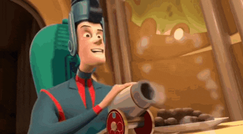 a cartoon character is holding a cannon in front of a tray of cookies .