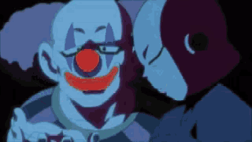 a clown with a red nose is holding a teddy bear