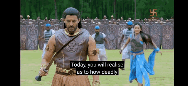 a man is holding a sword in front of a crowd and says today you will realize as to how deadly