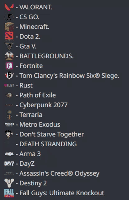 a list of video games including valorant cs go minecraft dota 2 and gta v