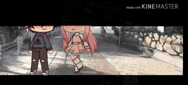 a boy and a girl are walking down a sidewalk . the girl is wearing a pink dress .