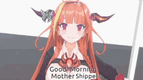 a girl with long red hair and horns is standing in front of a sign that says good morning mother shippers .