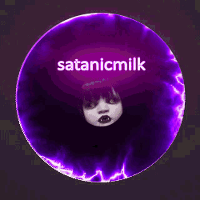 a purple circle with a picture of a baby and the words satanicmilk