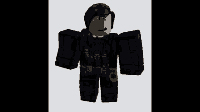 a roblox character is wearing a black uniform with a badge on his belt