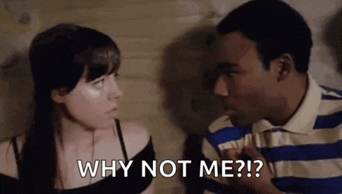 a man and a woman are talking to each other and the woman is saying `` why not me ? ''