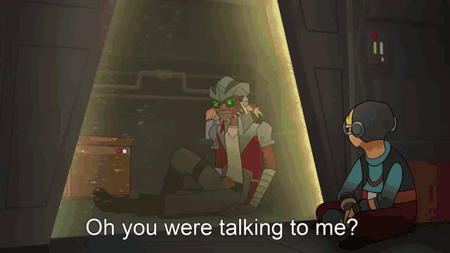 a cartoon character says " i thought were just having a conversation " in a dark room