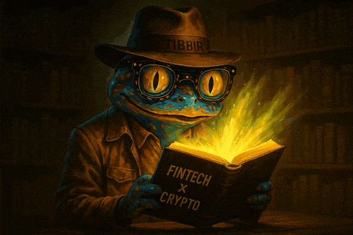 a frog wearing glasses and a hat is reading a book titled fintech x crypto