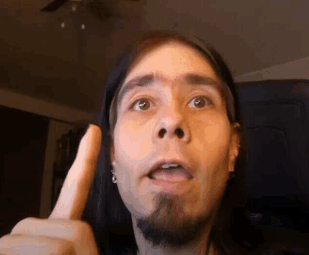 a man with long hair and a beard is pointing up with his index finger .