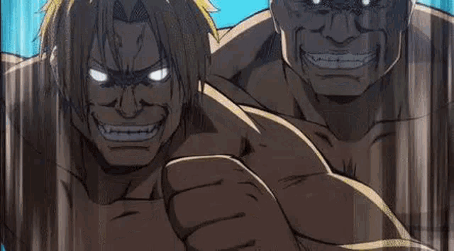 a couple of muscular men are standing next to each other and smiling .