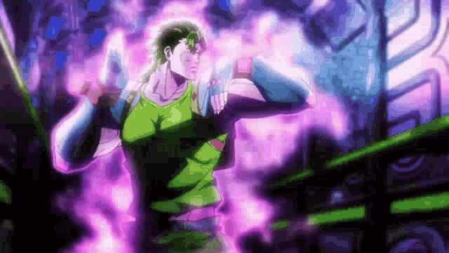 jotaro kujo from jojo 's bizarre adventure is standing in a purple and green room .