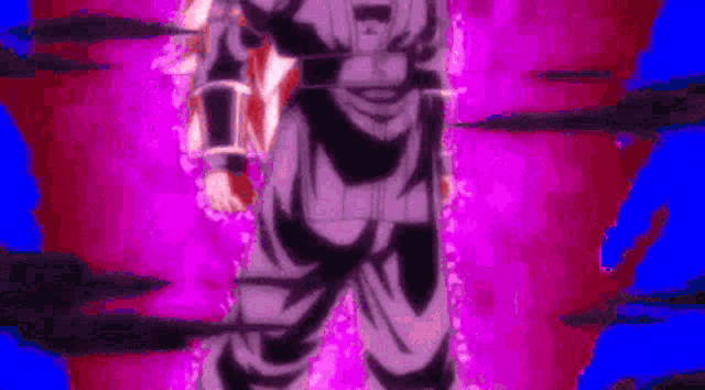a cartoon character is standing in front of a purple and red background .