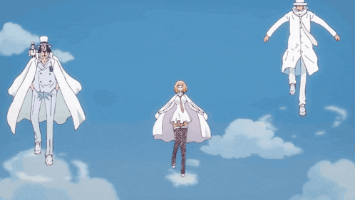 three cartoon characters are flying through the air