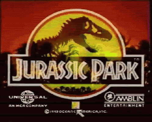 a logo for jurassic park with a dinosaur in the middle