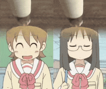 a girl with glasses is smiling next to a girl with a cup on her head