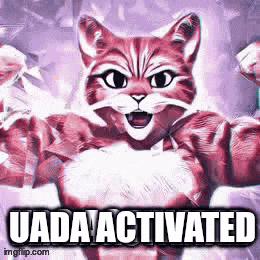 a red and white cat is flexing its muscles in a purple background .