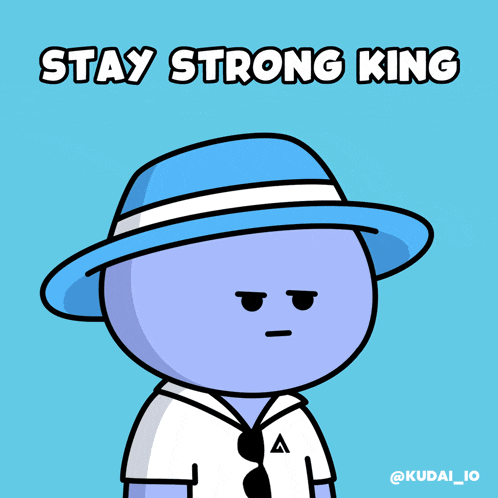 a cartoon character with a blue hat and the words stay strong king behind him