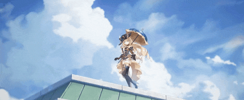 a girl with an umbrella is standing on a roof