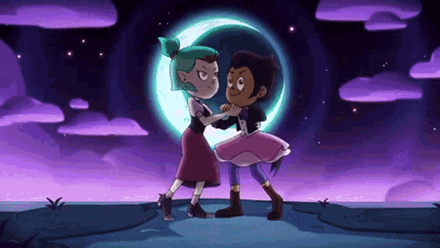 two cartoon characters are dancing in front of a full moon in a field .