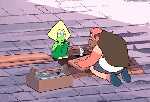 a cartoon of a man kneeling down next to a girl with a green face