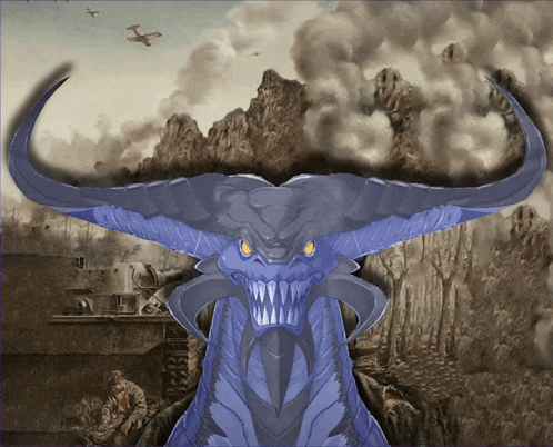 a painting of a monster with horns and a few soldiers in the background