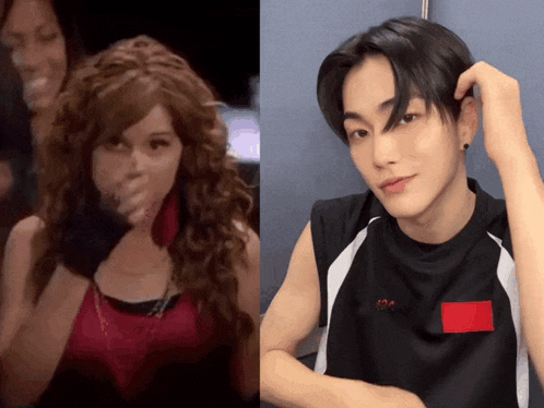 a woman with curly hair is next to a man in a black shirt