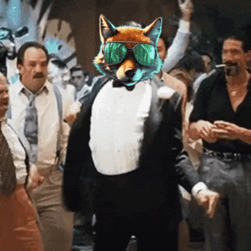 a fox wearing sunglasses and a tuxedo is dancing in a crowd of people