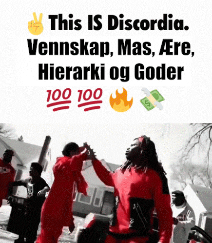 a sign that says this is discordia shows a group of people giving each other high fives