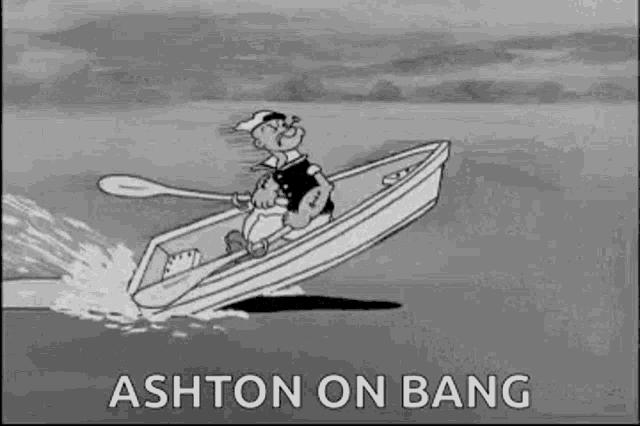 popeye is rowing a boat in the ocean with a paddle .