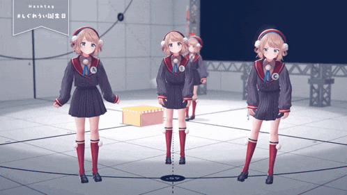 three anime girls are standing next to each other in a room with hashtag on the top