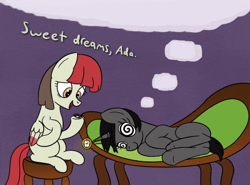 a cartoon of a pony laying on a couch with the words sweet dreams ada above it