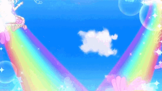 a blue background with a rainbow and a white cloud in the middle