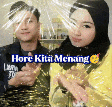 a man and a woman are standing next to each other with the words " hore kita menang " on the bottom