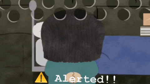 a cartoon character with a yellow warning sign and the word alerted below him