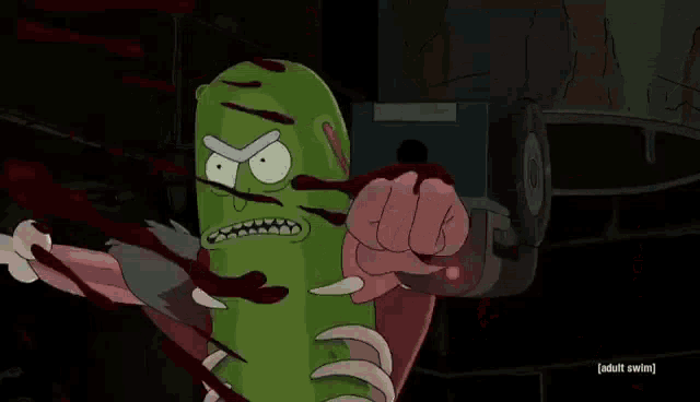 pickle rick from rick and morty is shown with his hands in the air