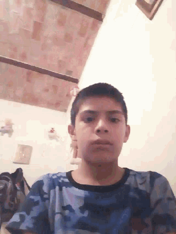 a young man taking a selfie in a room with a picture on the wall
