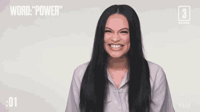 a woman is making a funny face in front of a screen that says word " power "
