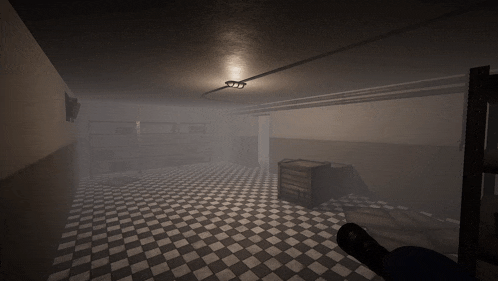 a dark room with a checkered floor has a light on the ceiling