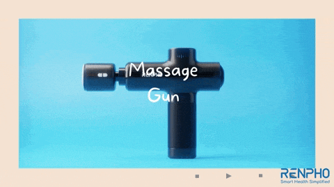 a massage gun is displayed on a blue background