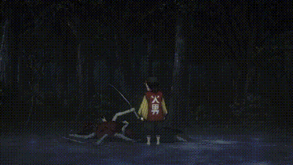 a person is standing in the middle of a dark forest with a sword in their hand .