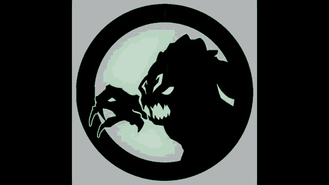 a silhouette of a monster in a circle with green lasers coming out of its eyes