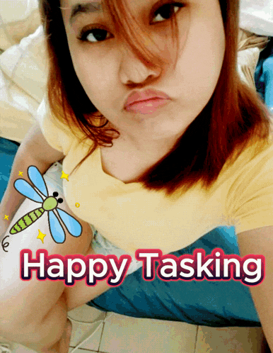 a picture of a woman with the words happy tasking