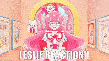 a picture of a pink anime girl with the words leslie reaction